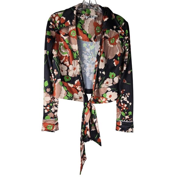 Vtg 60s XS 2 Pc SET Pants Sheer Crop Shirt Hi Waist Flares FLOWER POWER Outfit - Picture 3 of 13